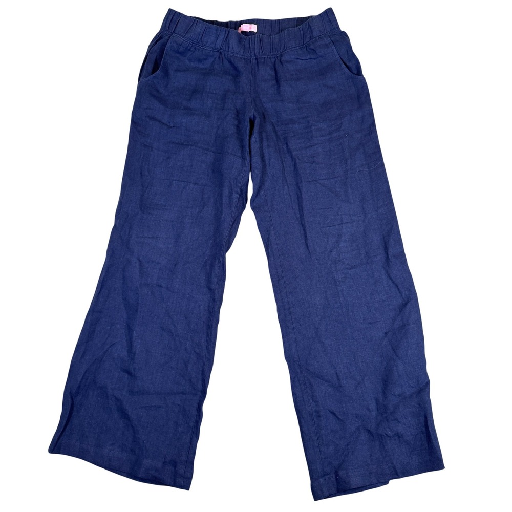 Lilly Pulitzer Navy Blue Linen Wide Leg Pants Medium Elastic Waist Pockets